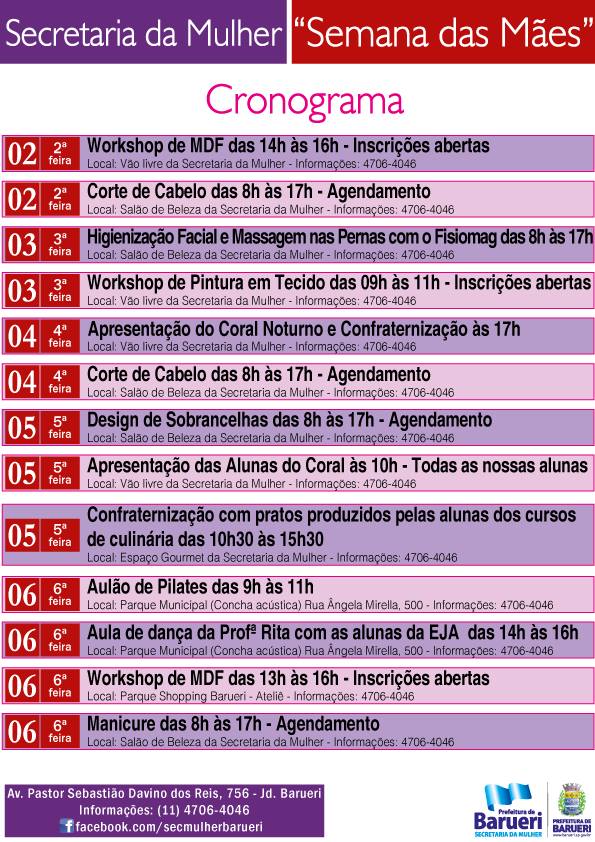 Programação Semana das Mães – Secretaria da Mulher
